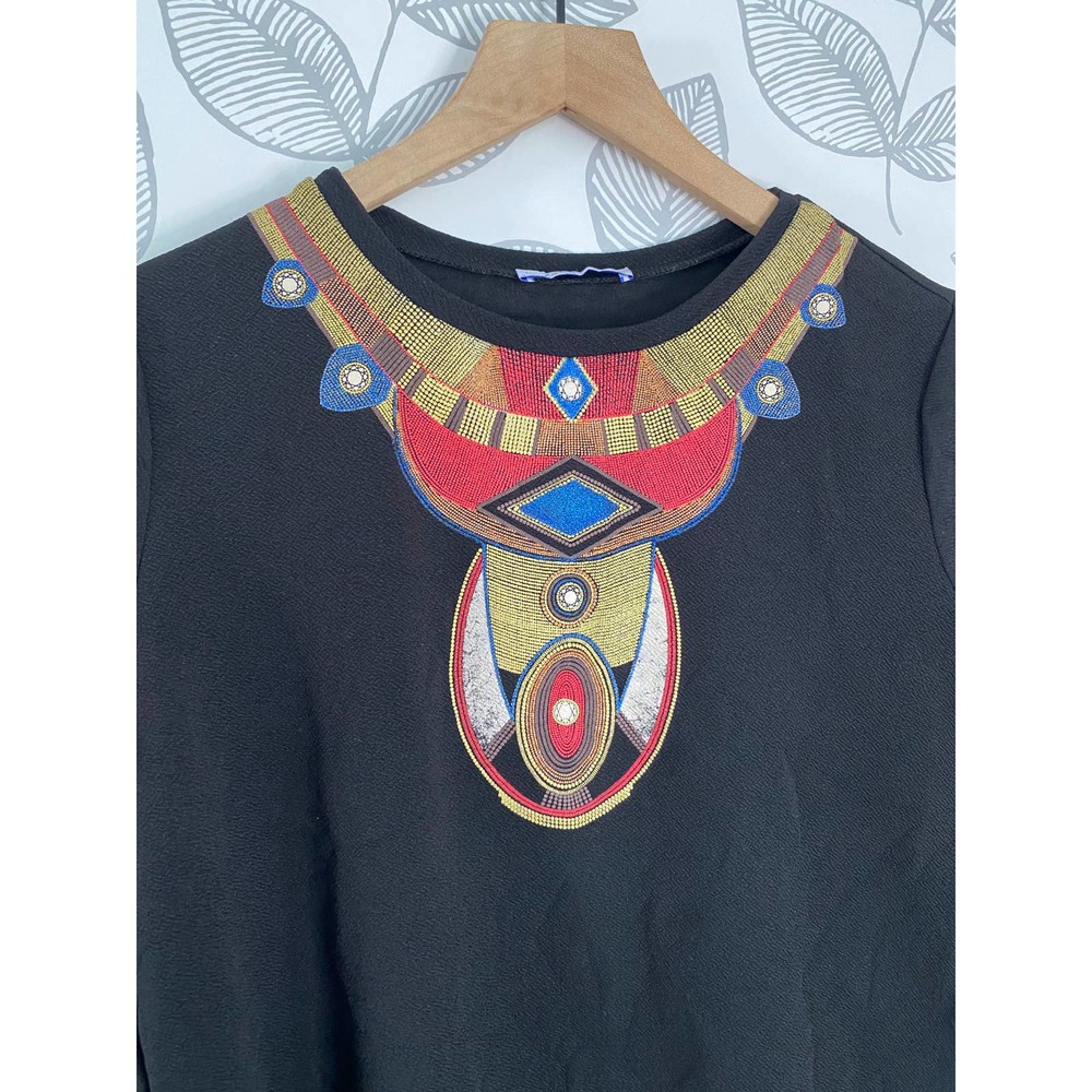 Zara Tribal Necklace Design Black T-shirt, Size M
